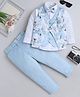 Fourfolds Cotton Blend Woven Full Sleeves Abstract Printed 3 Piece Party Suit Set With Bow - Pastel Blue
