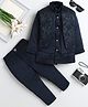 Fourfolds Woven Full Sleeves Beads Embellished Floral Embroidered Sherwani & Pants With Jacket Set - Navy Blue