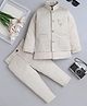Fourfolds Woven Full Sleeves Solid Sherwani & Trouser Set With Floral Embroidered & Pearl Embellished Ethnic Brooch Detailed Jacket - Beige