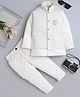 Fourfolds Woven Full Sleeves Solid Sherwani & Trouser Set With Floral Embroidered & Pearl Embellished Ethnic Brooch Detailed Jacket - Cream