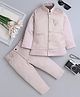 Fourfolds Woven Full Sleeves Solid Sherwani & Trouser Set With Floral Embroidered & Pearl Embellished Ethnic Brooch Detailed Jacket - Blush Pink