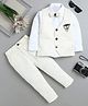 Fourfolds Woven Full Sleeves Ethnic Embroidered & Brooch Detailed 3 Piece Party Suit Set With Bow - Cream