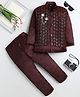 Fourfolds Velvet Woven Full Sleeves Solid Sherwani & Trouser Set With Sequins Embellished Floral Brooch Detailed Jacket - Wine