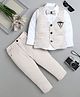 Fourfolds Woven Full Sleeves Ethnic Embroidered & Brooch Detailed 3 Piece Party Suit Set With Bow - Beige