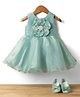 Bluebell Satin Woven Sleeveless Flared Party Dress & Booties With Floral Applique - Green