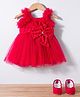 Bluebell Net Woven Sleeveless Solid Colour Flared Party Dress  with Bow Applique & Pair of Booties - Red