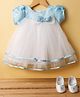 Bluebell Satin Woven Half Puffed Sleeves Flared Embellished Party Dress with Sequin Detailing Bow Applique & Pair of Booties - Blue
