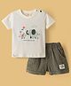 Ollypop Sinker Knit Half Sleeves Striped T-Shirt & Shorts Set with Elephant Print - Olive Green & White