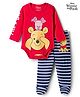 Babyhug Disney Interlock Knit Full Sleeves Onesie & Striped Bootie Legging Set with Winnie Graphic - Red