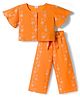 Babyhug Cotton Woven Half Sleeves Co-ords Top & Culottes Set with Belt & Floral Embroidery - Orange