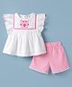 ToffyHouse Cotton Knit Half Sleeves Top & Shorts Set with Floral Embroidery - White