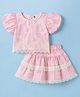 ToffyHouse Cotton Knit Half Sleeves Top & Skirt Set with Lace Hem & Floral Print - Pink