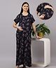 Mamma's Maternity Cotton Woven Half Sleeves Leaf Printed Maternity Nighty With Side Seam Nursing Access - Navy Blue