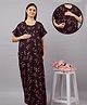 Mamma's Maternity Cotton Woven Half Sleeves Leaf Printed Maternity Nighty With Side Seam Nursing Access - Maroon