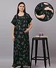 Mamma's Maternity Cotton Woven Half Sleeves Leaf Printed Maternity Nighty With Side Seam Nursing Access - Green
