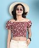 Cutiekins Woven Off Shoulder Half Puffed Sleeves Floral Printed Crop Top - Maroon & Off White
