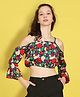 Cutiekins Woven Cold Shoulder Three Fourth Sleeves Abstract Printed Crop Top - Black & Multi Colour