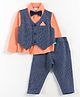 JusCubs Cotton Woven Half Sleeves Textured 3 Piece Party Suit Set With Bow - Orange