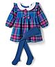 Babyhug Cotton Woven Full Sleeves Checks Frock With Bow Applique & Leggings - Blue