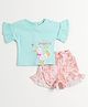 JusCubs Cotton Knit Half Sleeves  What A Beautiful Day Text Embroidered Top & Shorts Set - Aqua