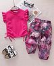 Mark & Mia Cotton Frill Sleeves Top & Lounge Pant Set with Floral Print - Fuchsia