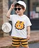 Mark & Mia Cotton Half Sleeves Lion Patch Hooded T-Shirt & Shirts Set With Stripes - White & Yellow