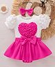 Mark & Mia Puffed Sleeves Frock Style Onesie & Hairband With Bow Applique - Pink & White