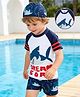 Babyhug Raglan Half Sleeves Shark Printed Two Piece Swimsuit With Cap - Navy Blue