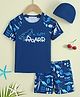 Mark & Mia Raglan Half Sleeves Dino Printed Two Piece Swimsuit With Cap - Navy Blue