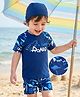 Mark & Mia Raglan Half Sleeves Dino Printed Two Piece Swimsuit With Cap - Navy Blue