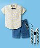Dapper Dudes Half Sleeves Emoticons Printed Shirt & Shorts Set With Suspender & Bow - Yellow