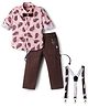 Dapper Dudes Full Sleeves Camouflage Printed Shirt & Pant Set With Bow & Suspender - Peach