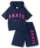 Primo Gino 100% Cotton Knit Half Raglan Sleeves Co-ords Hooded T-Shirt & Shorts Set with Gel HD Print & Zipper Pocket - Navy Blue