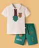 Mark & Mia Cotton Knit Half Sleeves Polo T-Shirt & Shorts With Tie Applique & Teddy Bear Embroidery - Multicolor