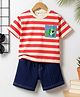 Mark & Mia Cotton Knit Half Sleeves Striped Oversized T-Shirt & Shorts Set with Dino Print - Multicolor