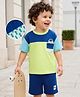 Mark & Mia Cotton Knit Half Sleeves Cut & Sew Oversized T-Shirt & Shorts Set with Patch Detailing - Multicolor