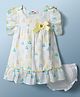 Dew Drops Poplin Woven Frill Sleeves Printed Flared Frock & Bloomer With Bow Applique - Offwhite