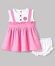 Dew Drops Poplin Woven Sleeveless Checks Frock With Bloomer & Floral Applique - Pink