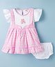 Dew Drops Poplin Woven Frill Sleeves Frock With Floral Print & Teddy Bear Applique & Bloomer - Pink
