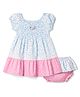Dew Drops Cotton Woven Sleeveless Floral Printed Frock with Bloomer & Smocked Detailing - Light Blue