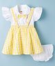 Dew Drops Poplin Woven Sleeveless Checks Frock with Bloomer & Bow Applique - Yellow