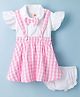 Dew Drops Poplin Woven Sleeveless Checks Frock with Bloomer & Bow Applique - Pink