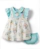 Dew Drops Cotton Woven Frill Sleeves Peter Pan Collared Bear Printed Frock with Bloomer - Aqua & White