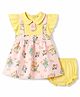 Dew Drops Cotton Woven Frill Sleeves Peter Pan Collared Bear Printed Frock with Bloomer - Yellow & Pink