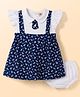 Dew Drops Cotton Woven Frill Sleeves Floral Printed Peter Pan Collared Frocks with Bloomer - Navy