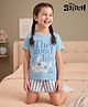 HoneyHap Disney Single Jersey Knit Half Sleeves T-Shirt & Shorts Night Suit with Stitch Graphic & Stripes - Sky Blue