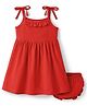 Babyhug Cotton Knit Frock with Ruffled Neck and Tie-Up Shoulder Straps Red 9-12 Months