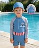 Mark & Mia Raglan Full Sleeves Nautical Theme Printed Legged Swimsuit With Cap - Blue