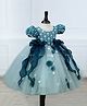 Li&Li BOUTIQUE Net Woven Half Puffed Sleeves Beads Sequins & Pearl Embellished Floral & Bow Applique Detailed Dress - Powder Blue & Teal Blue