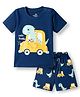 Doodle Poodle 100% Cotton Knit Half Sleeves Dino Printed T-Shirt & Shorts Night Suit - Navy Blue